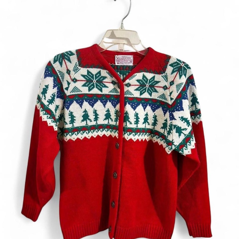 Pendleton sz M Petite Festive Red Green Cardigan wool vintage Christmas holiday